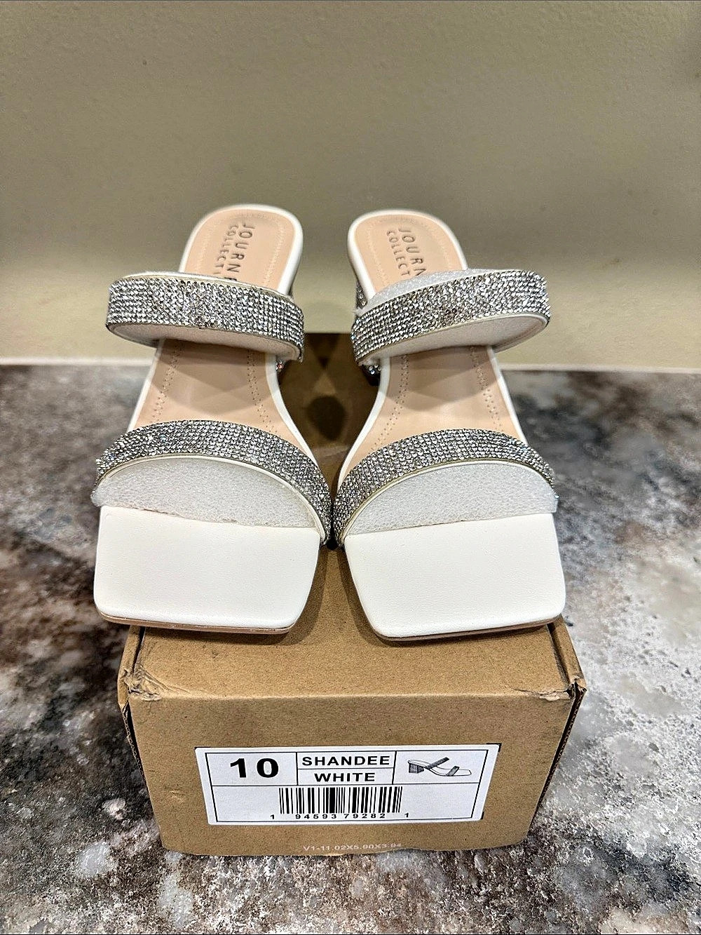 Journee Collection Rhinestone Block Heel Sandals in White & Silver US 10